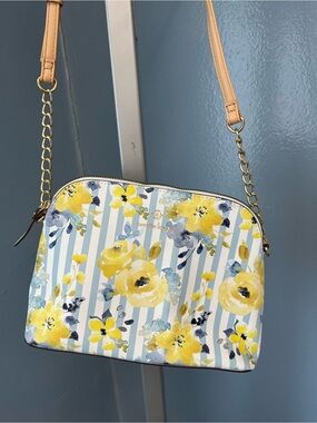 Nanette Lepore Yellow Floral Stripe Crossbody with Tan Strap
